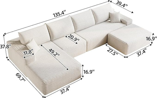 135" U Shaped Sectional Couch with Ottoman, Large Sectional Couches for Living Room, Plush Corduroy Convertible Sleeper Sofa, Compressed Foam Sofa in a Box No Assembly, Left Facing Chaise, White