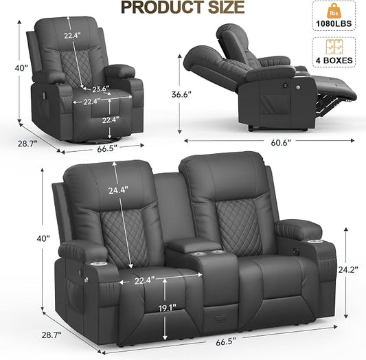 YONISEE Living Room Furniture Set, Loveseat Recliner 2 Seater and 360° Swivel Recliner Chair with Massage, Luxury Reclining Sofa 2PC Set for Living Room (2+1, Dark Gray)