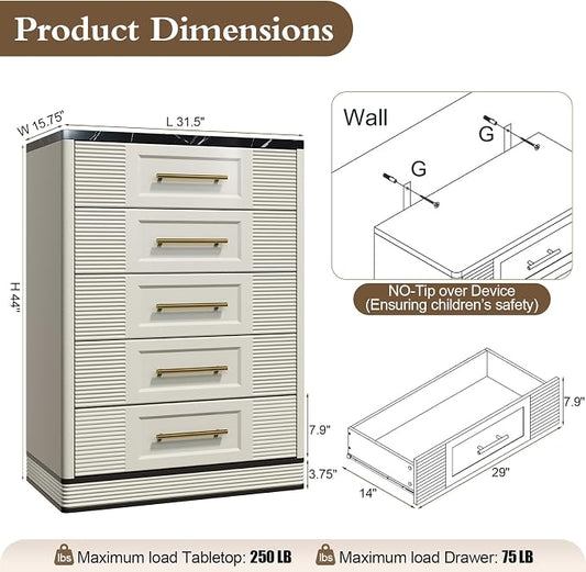 RECHHX Farmhouse 5 Drawers Dresser for Bedroom, 44" Tall Modern Marble-Effect Chest of Drawers, Wooden Thermoformed Curved Dresser Organizer for Bedroom, Living Room, White