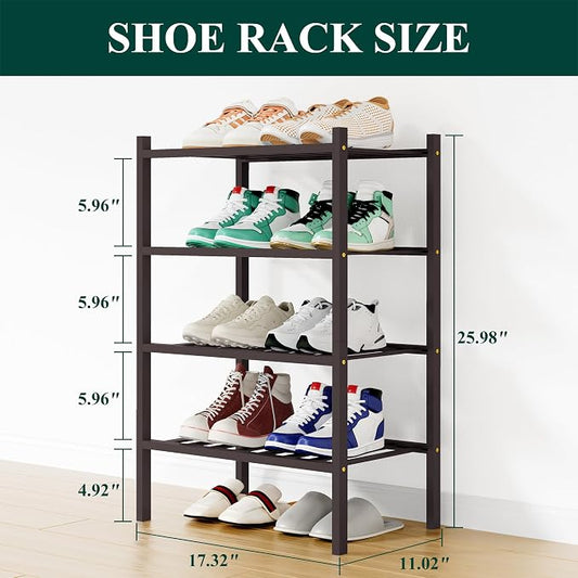 Smiry Small Bamboo Shoe Rack, 4 Tier Free Standing Wooden Shoe Organizer, Stackable Wood Shoe Storage Shelf for Closet, Entryway, 12 Vertical Slats, 2+2 Stack Standard Legs, 17.3"x11"x26", Brown