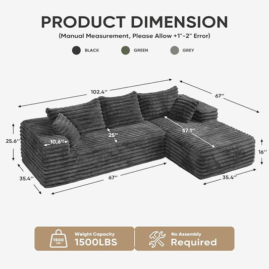 Cloud Sectional Couch with L-Shape Chaise,Modern Modular Sofa with Deep Seat, Upholstered Couches with Right Facing Chaise for Living Room Bedroom, No Assembly Required, Grey (Plush Corduroy Fabric) | 102.4" Modular Sectional Sofa, Cloud Couch Sectiona...