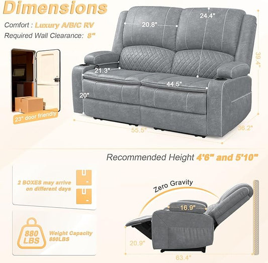 RV Loveseat Recliner Wall Hugger, Manual RV Reclining Loveseat with Removable Armrest, 3X Adjustable Theater Wall Hugger Loveseat Recliners with USB Ports, Cup Holders, Multi-Storage (PU,Grey)