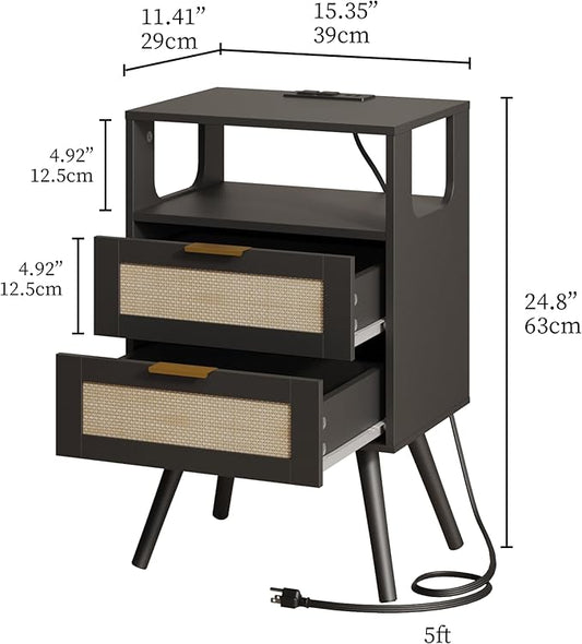JOONEE Rattan Nightstand with Charging Station,Farmhouse Bedside Table with 2 Storage Drawer and Open Wood Shelf, for Bedroom and Small Spaces,Night Stand with Solid Wood Legs (Black-Outlet)