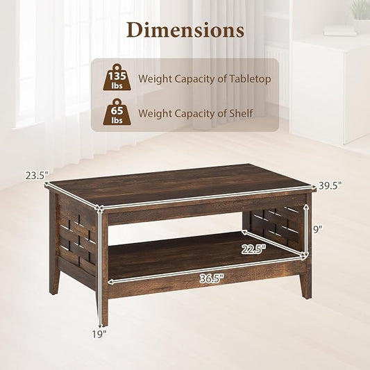 Giantex Farmhouse Coffee Table, 2-Tier Center Table with Storage Open Shelf & Woven Slatted Design, 39.5" Rectangular Accent Cocktail Table, Wood Coffee Tables for Living Room (Rustic Brown)