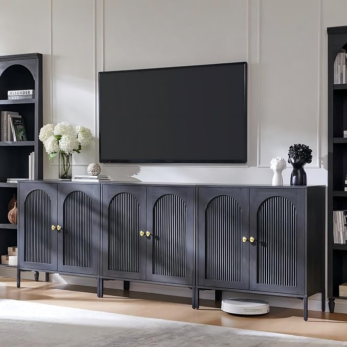 IFGET Modern Buffet Cabinet with Storage, 92.63" W Fluted Arched Sideboard Cabinet w/Adjustable Shelves, Wooden Modular Coffee Bar for Dining Room, Kitchen, Living Room, Entryway, Dark Grey