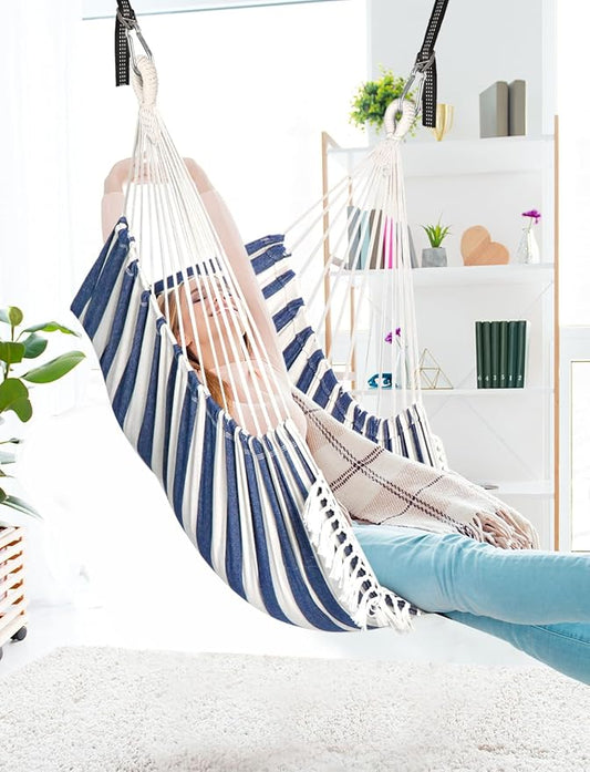 Chihee Hammock Chair Hanging Swing 2 Pillows Included,Strong Webbing Straps and Hooks for Easy Hanging Soft Cotton Hanging Chair Side Pocket Tassel Chair Comfort Indoor Outdoor Blue White