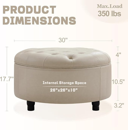 30-Inch Round Storage Ottoman, Button Tufted Ottoman Coffee Table with Removable Top for Living Room, Bedroom, Office (Beige)
