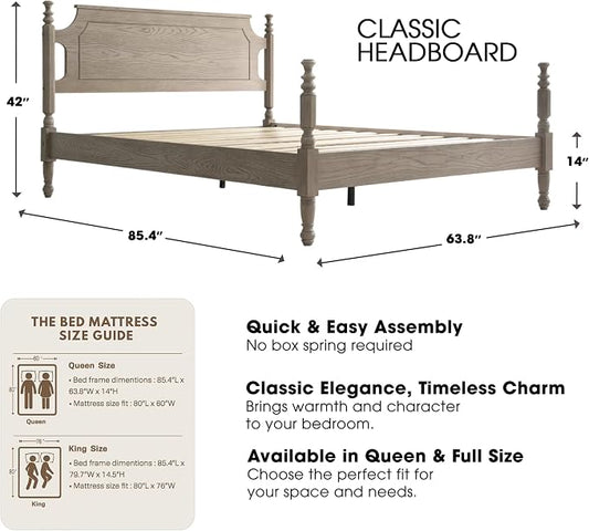 Solid Wood Queen Size Platform Bed Frame with Headboard & Footboard, Metal Legs, 12 Sturdy Slats, Easy Assembly, Anti-Slip & Noise-Free, No Box Spring Needed, Queen Size, Driftwood Gray Oak, ROQ-33