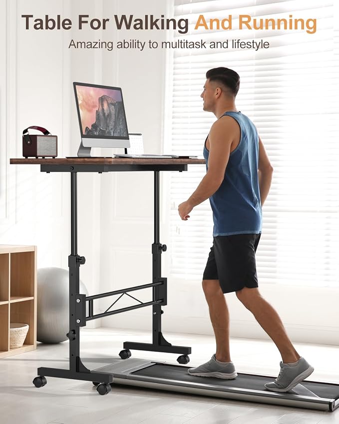 Amztabler Small Standing Desk Adjustable Height, Mobile Stand Up Desk with Wheels, 32 Inch Portable Rolling Desks Conference Room Tables for Walking Pad Treadmill Wood Rustic
