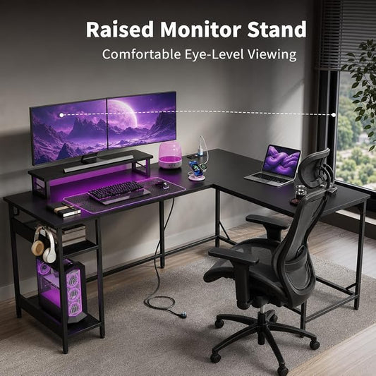 DEVAISE Spacious 55" L Shaped Gaming Desk with LED Lights and Power Outlets - Reversible Corner Computer Table with Monitor Stand and Storage Shelves for Work and Gaming, Black