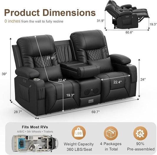 Power RV Loveseat Recliner Sofa, Reclining Loveseat with Flip Back Console, Home Theater Seating with USB Ports, Cup Holders, Wall Hugger Recliners for Movie Room, Black