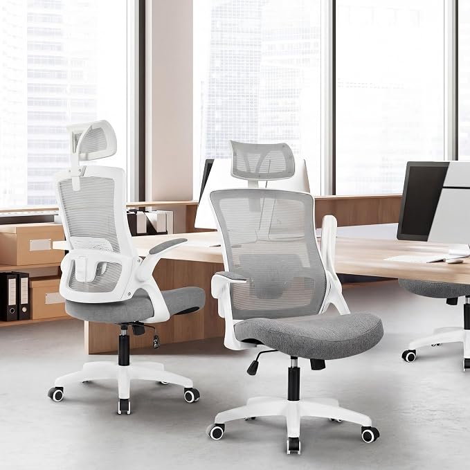 NEO CHAIR Office Desk Chair Gaming Computer High Back Support Mesh Comfy Seat with Adjustable Ergonomic Headrest Lumbar Rolling Flip-up Armrests and Wheels (Grey)