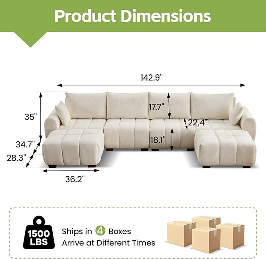 143" Oversized U Shaped Cloud Modular Sectional Sofa, Modern Chenille Upholstered 6 Seater Couch with 2 Removable Ottomans, Tufted Deep Seat & Wood Legs, Large Beige Sectional Couches for Living Room