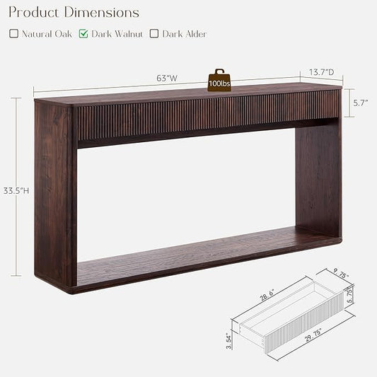 OKD 63" Fluted Console Table for Entryway, Modern Entryway Table with 2 Large Drawers, Long Sofa Table Behind Couch for Living Room, Hallway, Couch, Foyer,Dark Walnut