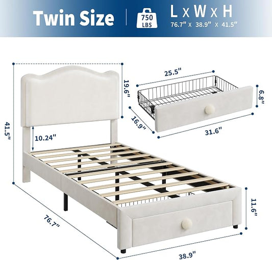 GarveeHome Upholstered Twin Bed Frame with Storage Drawer & Scallop Headboard, Princess Twin Size Platform Bed Frames for Kids Girls, Wooden Slats Support, No Box Spring Needed, Beige