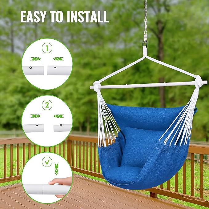 Backyard Expressions Hanging Hammock Chair Swing with Cushions & Hanging Kit – 500 lb Capacity, Cotton Blend Fabric, for Indoor/Outdoor Use – Includes Chain, Hooks & Spring – 5 Colors