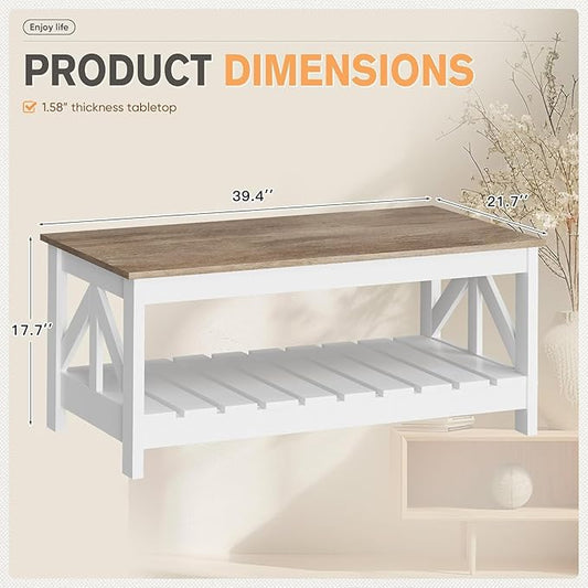 YESHOMY Farmhouse Coffee Table, Coffee Tables for Living Room, Farmhouse Square Coffee Table with Storage, Couch Table, Small Tables for Small Spaces, Gray & White