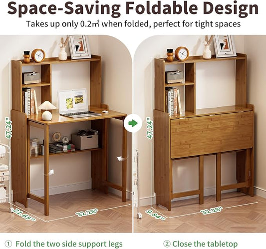 Bamboo Folding Desk for Small Spaces with Storage, Mid Century Foldable Desk with Bookshelf, Small Desks with Storage for Home Office Bedroom, Brown