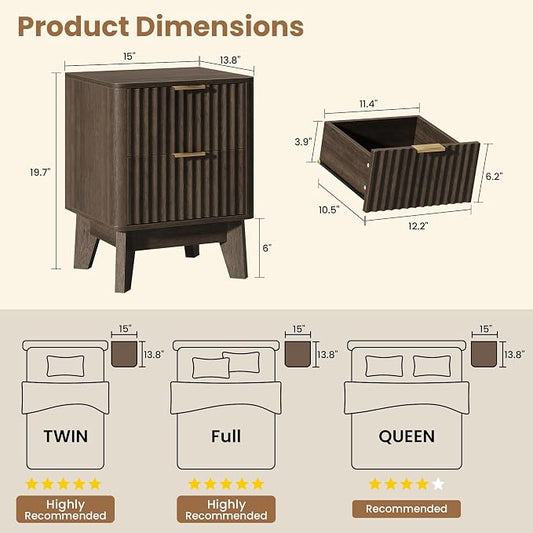Fluted Nightstand Set of 2, Modern End Table with Metal Handle,2 Storage Drawers Side Table,Bedside Table for Bedroom,Wood Nightstands,Curved Profile Design Furnitue, Walnut