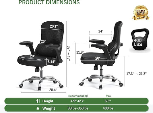 Ergonomic Office Chair - Desk Chair with Adjustable Lumbar Support Computer Chair - Mesh Comfy Chair with Flip-up Armrests - Gaming Chairs for Adults Home Office (Leather, Black)