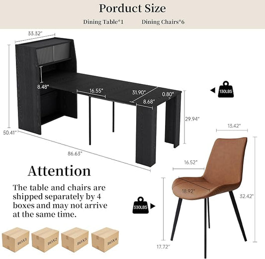 HIPIHOM 86.6" Extendable Kitchen Table Set for 6, Storage Cabinet | Space-saving Extendable MDF Dining Set with 6 Brown Chairs, Family Meal, Apartment, Small Room