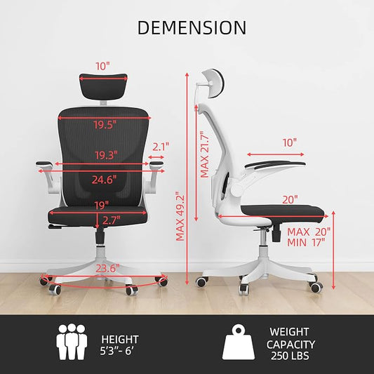 Monhey Office Chair, Ergonomic Office Chair with Lumbar Support & 3D Headrest & Flip Up Arms Home Office Desk Chairs Rockable Computer Chair Multi-Angle from 90° to 130° with 350LBS CapacityChair