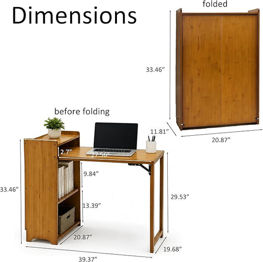 HDDFER Bamboo Folding Desk for Small Spaces,Hidden Desk with Storage Shelf, Foldable Computer Desk for Bedroom Home Office, Mid Century Modern Fold Out Table Writing Table, Brown