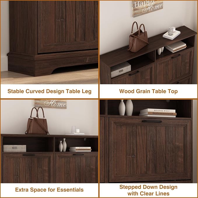 Shoe Storage Cabinet with 4 Flip Drawers, Farmhouse Modern Hidden Shoes Rack Cabinet with Adjustable Shelves & Open Storage, Narrow Slim Shoe Organizer for Front Door Entrance, Entryway, Walnut