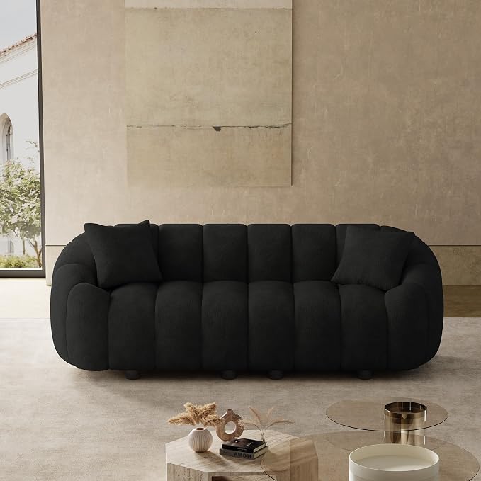 92" Oversized Minimalistic Boucle Sofa for Living Room, Luxury Plush Extra Deep Seat Tufted Sofa, Modern Comfy Curved Cloud Couch, Upholstered 3-Seater Chenille Couches, Black
