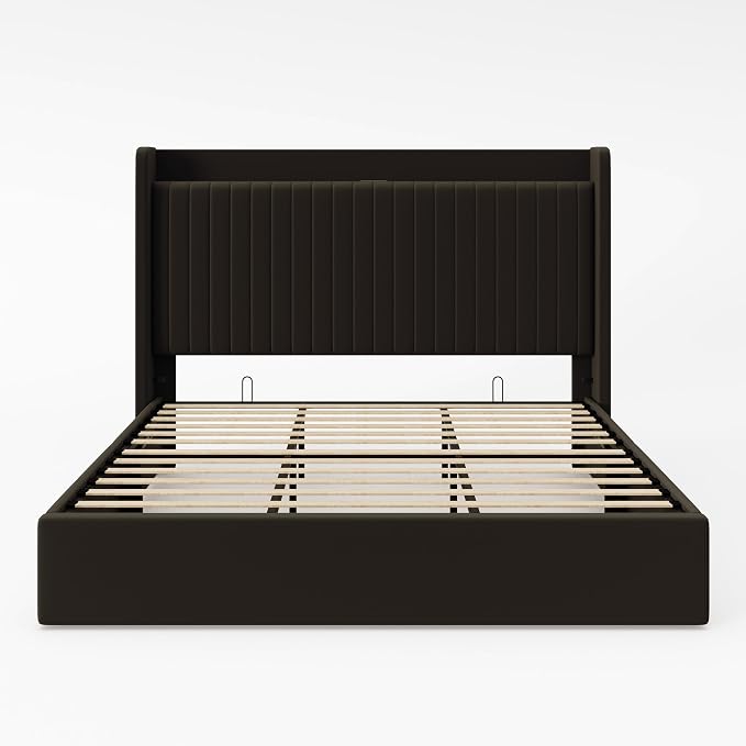 Allewie King Size Lift Up Storage Bed Frame,Storage Shelf Headboard with Charging Station,Type-C and USB Ports,Hydraulic Support,Velvet Upholstered Bed Frame,No Box Spring Needed,Black