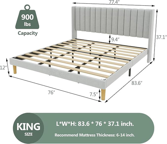 alazyhome Platform Bed Frame King Size with Upholstered Headboard, Solid Wood Slats Support, No Box Spring Needed, Noise Free, Easy Assembly, Modern Fabric Bed, Light Grey