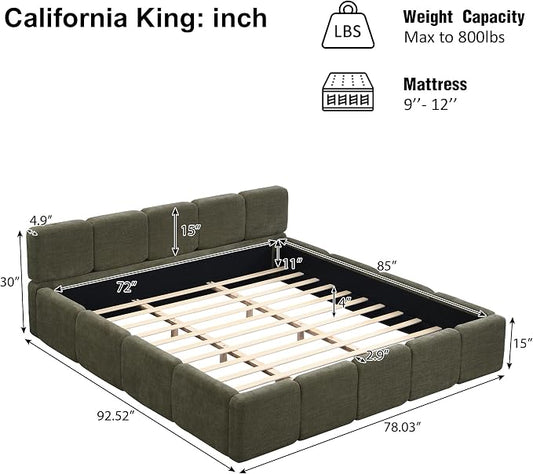 Merax California King Size Boucle Platform Bed with Thick Headboard and Footboard, Block Style Upholstery Floor Bed Frame, Green