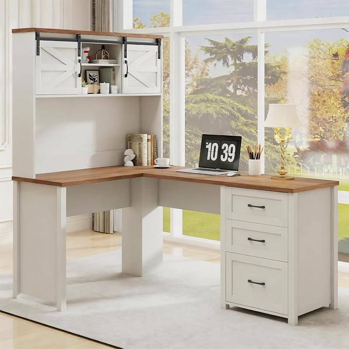 Vabches Farmhouse 68" H L Shaped Desk with Hutch,Office Table with 3 Drawers and Sliding Doors, Executive Desk with File Drawers, Wood Workstation for Home Office and Study