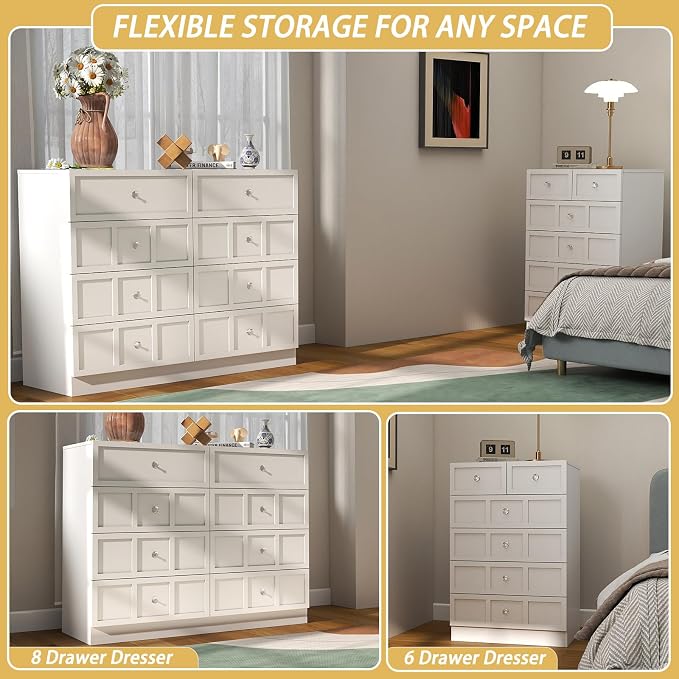 8 Drawer Dresser for Bedroom: 47" White Chest of Drawers with Deep Drawers, Tall Fluted Dresser with Storage, Modern Wood Dressers for Bedroom, Living Room