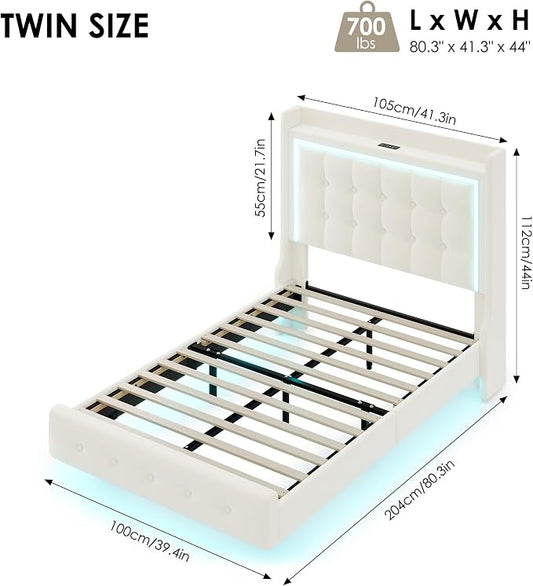 Keyluv Twin Floating Bed Frame with Storage Headboard, LED Lights & Charging Station Platform Bed, Soft Upholstered Velvet, USB/Type-C Ports, Easy Assembly, Beige