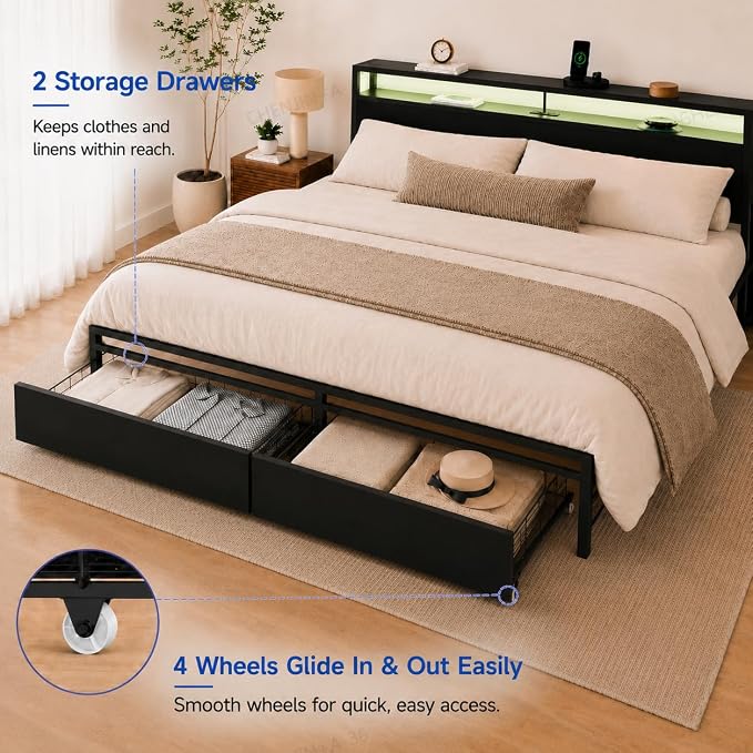 Zevemomo King Size Bed Frame with Storage Drawers, Bed Frame King Size with Headboard, LED Light, Charging Station with 2 USB Ports & 2 AC Ports, Noiseless, Black