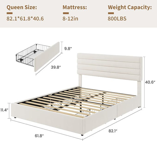 Garvee Queen Size Bed Frame, Velvet Upholstered Platform Storage Bed with 4 Drawers, Wooden Slats Support, No Box Spring Needed, Easy Assembly, Beige