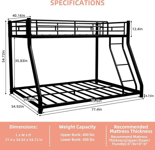EMKK Twin Over Full Bunk Bed for Adults, Metal Bunk Beds Twin Over Full Size for Teens Dorm Bedroom Guest Room,Heavy Duty Bunk Beds with Ladder and Safety Full Length Guardrail (Black)