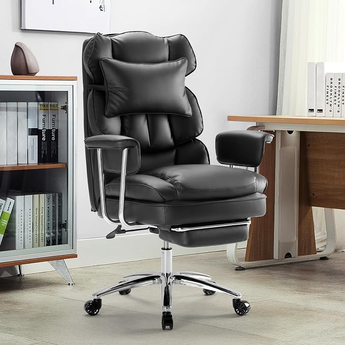 DUMOS Home Office Desk Executive Chair - Ergonomic Big Tall High Back with Footrest & Lumbar Support, Reclining Height Adjustable, Comfy PU Leather Computer Gaming with Swivel Wheels, Black