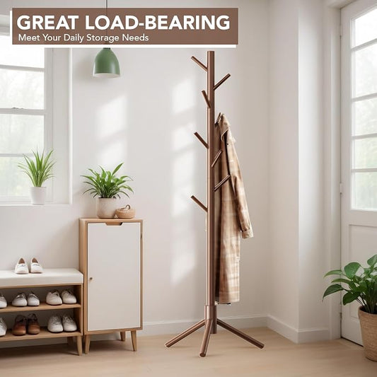 Hupmad Wooden Tree Coat Rack Stand,Sturdy Freestanding Coat Rack with 8 Hooks,3 Adjustable Height for Child Adult,Wood Coat Stand Tree Fits Entryway Bedroom Office for Bags,Hats, 2 Pack