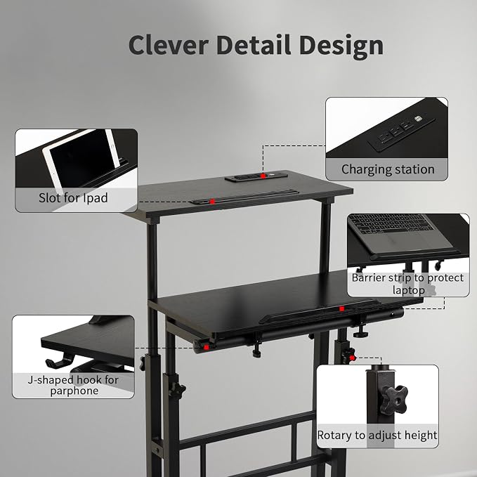Hadulcet Mobile Standing Desk with Charging Station, Adjustable Standing Computer Desk, Standing Adjustable Laptop Cart with Wheels for Home Office Classroom Black
