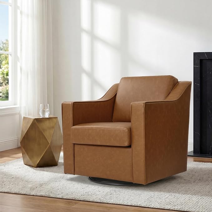 Swivel Accent Chair, Modern Round Barrel Arm Chair for Living Room, Bedroom, Comfy Club Reading Chairs for Adults (Leather Brown, Set of 2)
