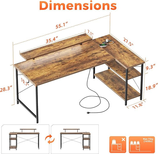 Mericonia Small L Shaped Computer Desk with Power Outlets, Reversible Gaming Desk with Storage Shelves & Monitor Stand, Corner Gamer Desk Table, Study Writing Table