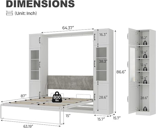 Bobve Farmhouse Murphy Bed Queen,85" Wall Bed Folds to Save Space,Concealed Bed Frame with 2 Glass Storage Cabinets(Small) and Wall Mounted Features for Apartment/Office/Guest Room