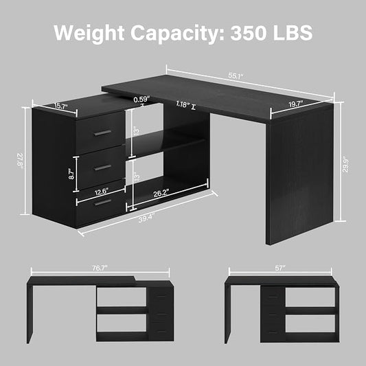 HSH L Shaped Office Desk with Drawers Shelves 55-76 Inch, Corner Computer Desk with Storage 360 Rotating Long for Executive, Work, Study, Writing, Teacher, Bedroom Modern Gaming Table Black