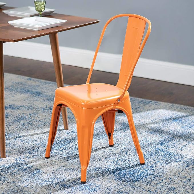 Devoko Metal Indoor-Outdoor Chairs Distressed Style Kitchen Dining Chairs Stackable Side Chair with Back Set of 4 (Orange)