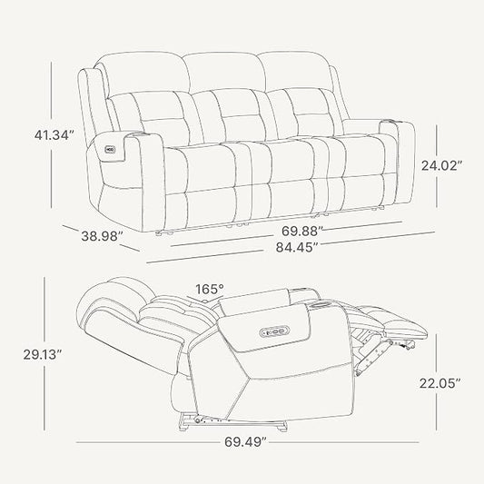 Watson & Whitely Genuine Leather Power Reclining Sofa, 3-Seater Lay Flat Recliner Sofa with Power Headrest, Cup Holders, USB & Type-C Ports, Electric Reclining Couch for Living Room, Cream