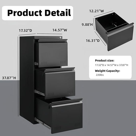 Approgreent Vertical 3 Drawer File Cabient with Lock, Metal Filing Cabinets for Home Office, Heavty Duty Office Storage Cabinet for A4/Letter/Legal (Matte Black)