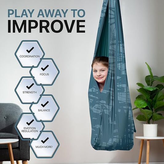 Indoor Sensory Swing for Kids or Outdoor – Holds 300lbs, Double-Layer, & 360° Swivel, Calming Compression Therapy Swing Hammock for Kids & Adults with All Hardware – Sensory-Motor Toys & Gifts