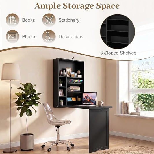 Tangkula Folding Wall Mounted Desk, Convertible Fold Out Floating Table with Storage Shelves, Space-Saving Drop Leaf Table, Murphy Desk for Craft, Study, Small Spaces, Home Office, Dorm, Black